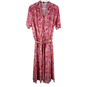 Vintage Anthony Richards Pink Floral Midi Dress Belted Short Sleeve Button Front
